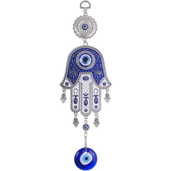Evil Eye Fatima's Holy Hand Talisman Pendant, Handmade Turkish Ornament,  Blue - Picture 1 of 7